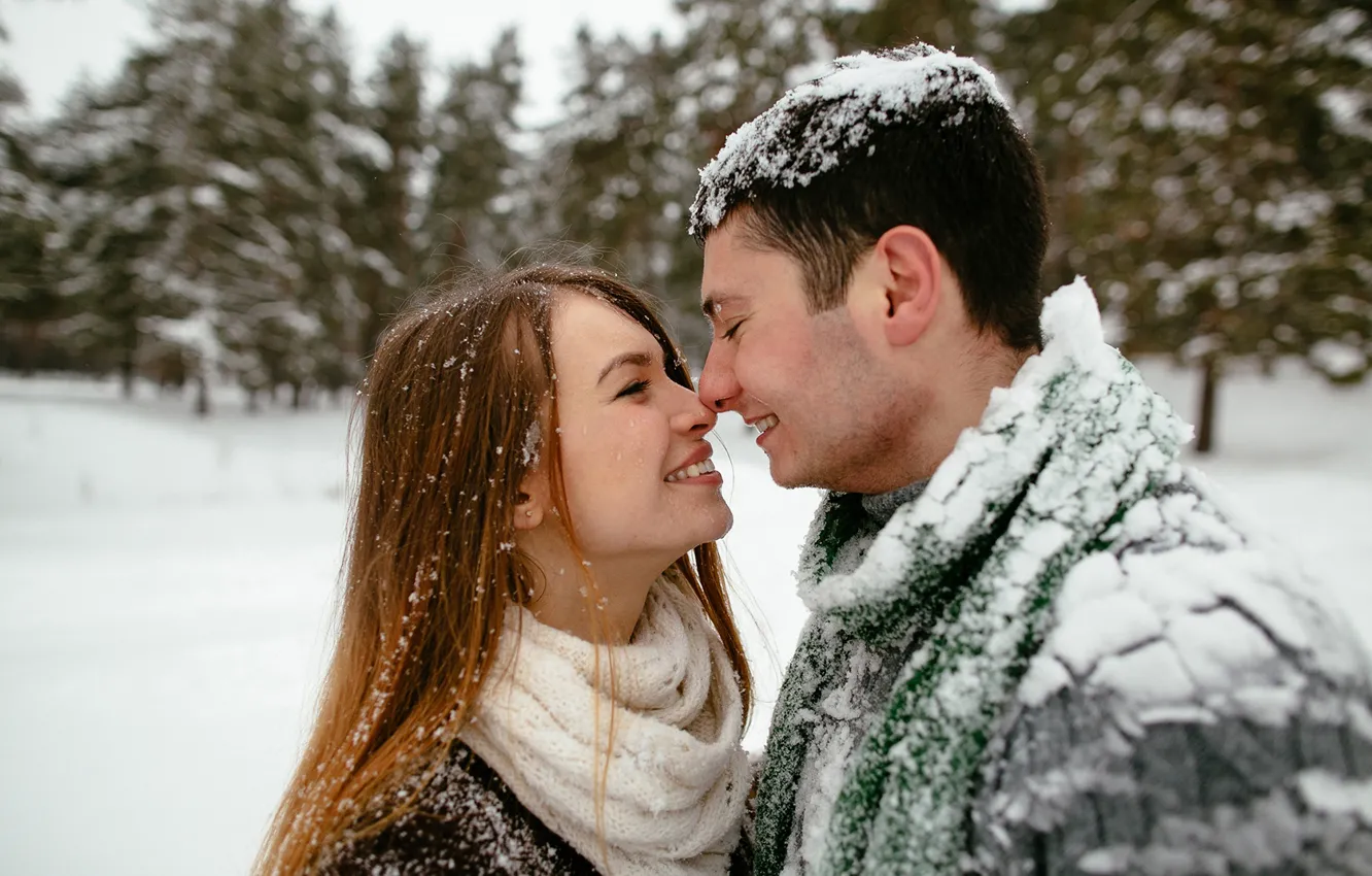 Photo wallpaper winter, girl, snow, happiness, nature, smile, pair, male