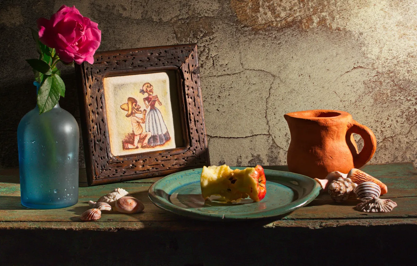 Photo wallpaper wall, apples, figure, Board, skull, bottle, roses, frame