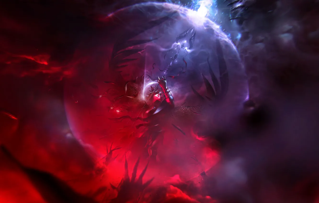 Photo wallpaper girl, style, fiction, darkness, wings, angel, art, staff