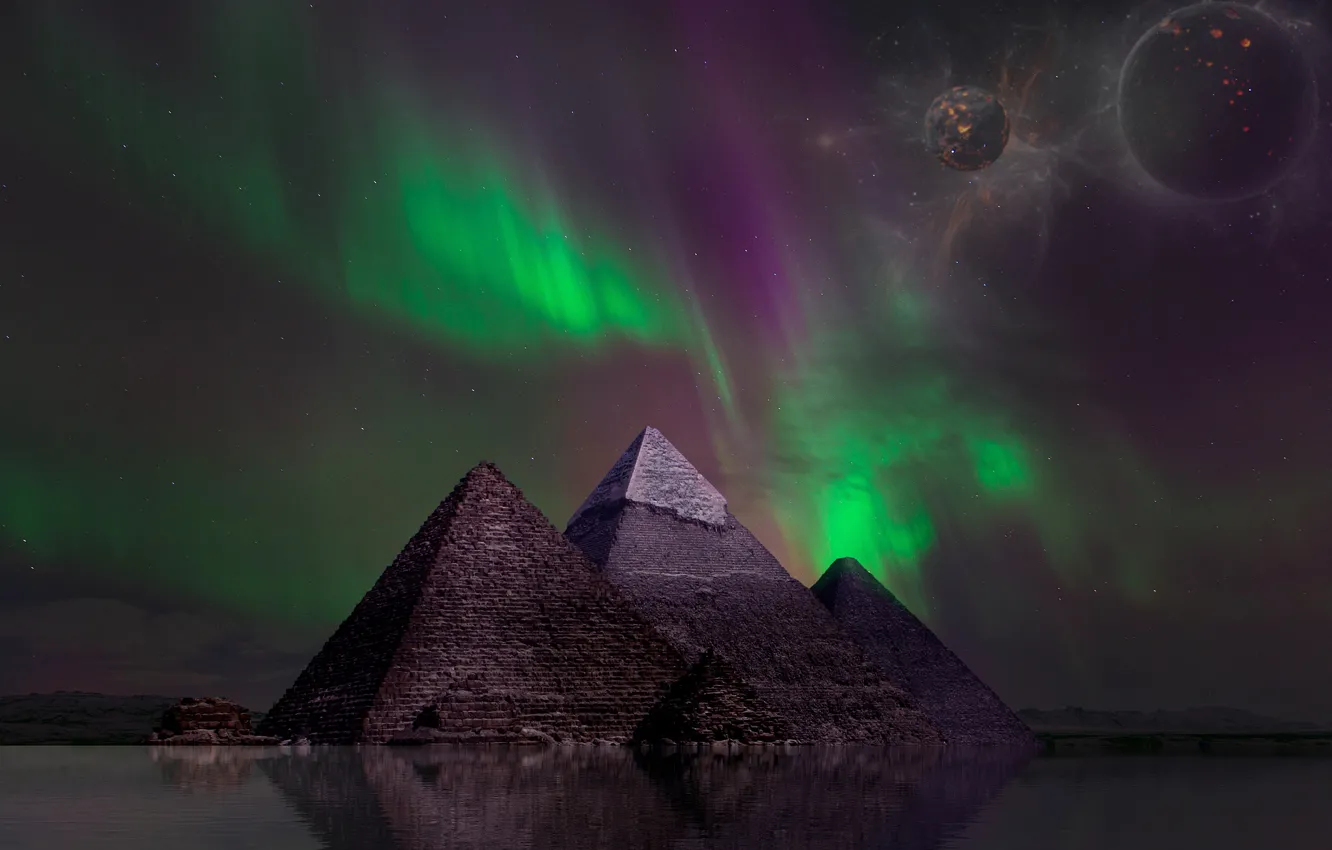 Photo wallpaper space, night, rendering, fiction, planet, Northern lights, pyramid, pond
