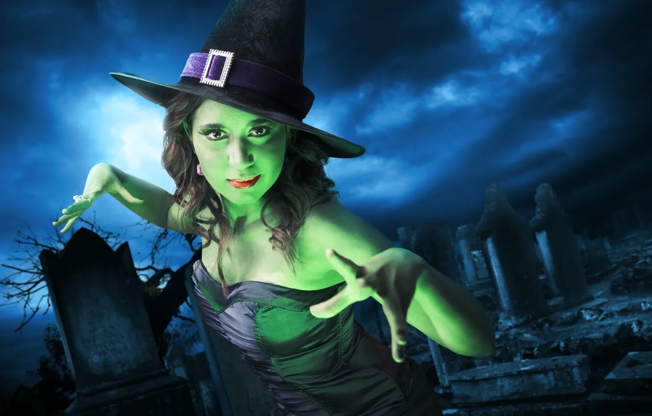 Photo wallpaper girl, holiday, cemetery, witch, Halloween