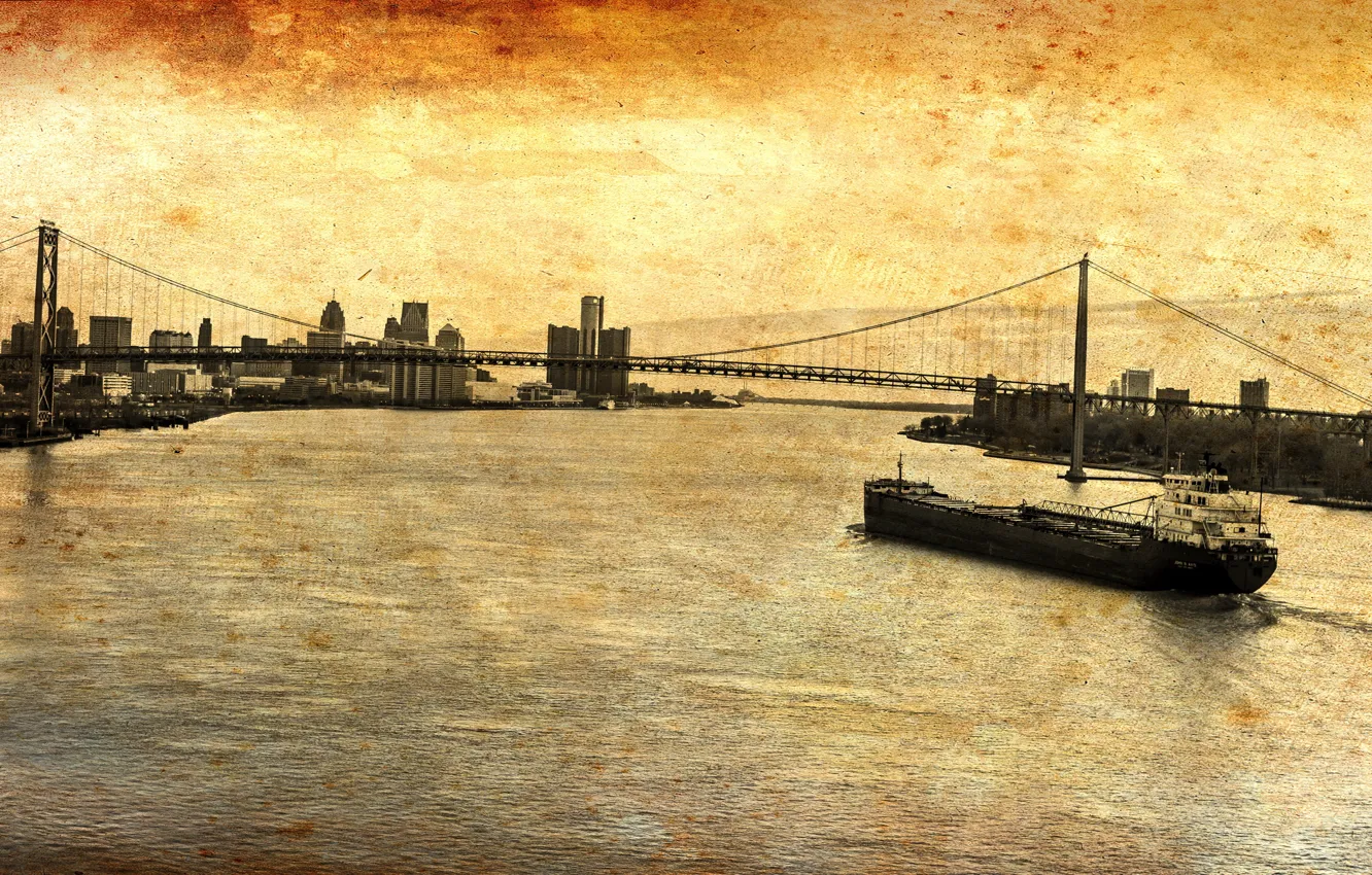 Photo wallpaper bridge, the city, style, river, barge