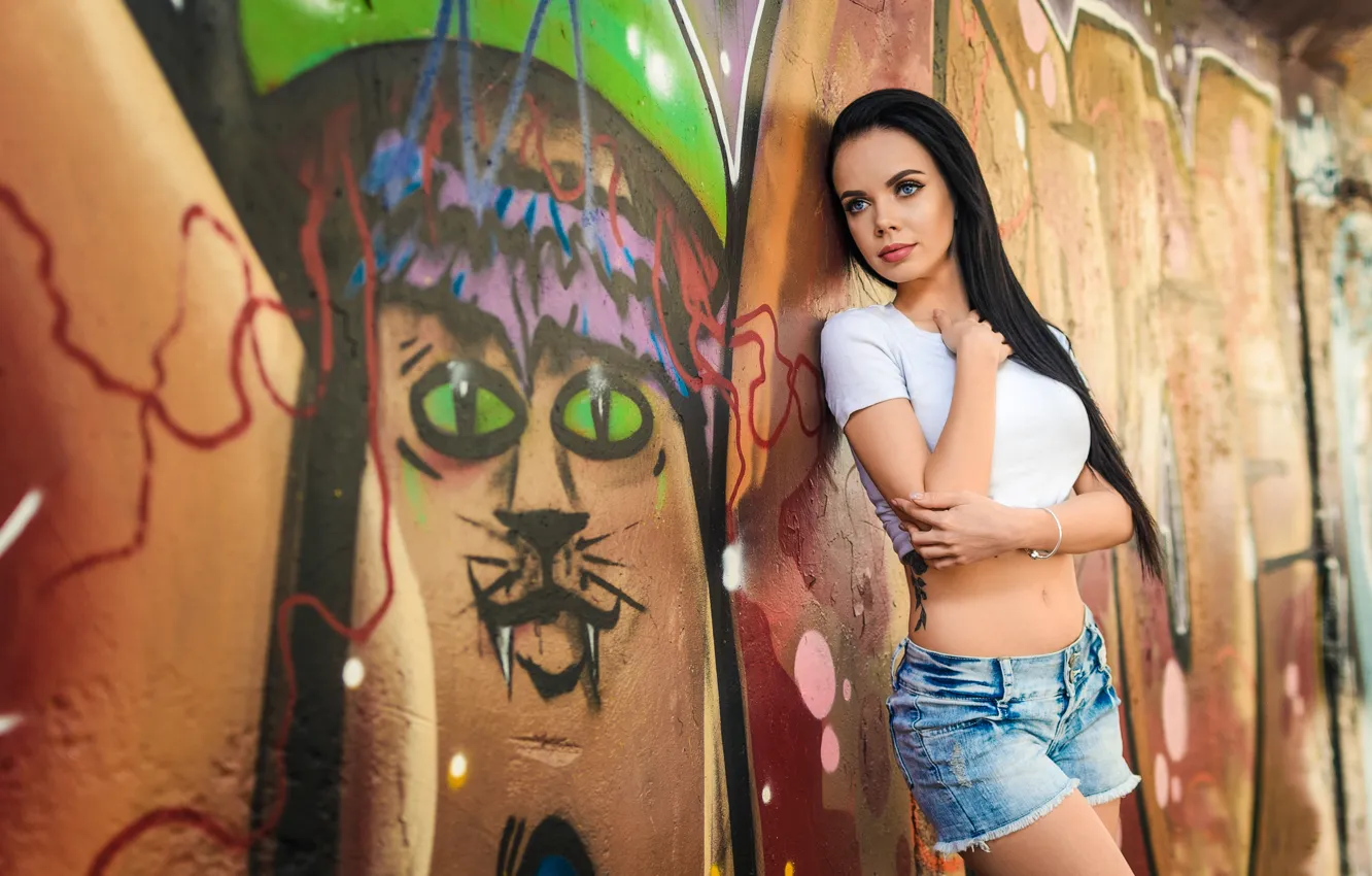 Photo wallpaper sexy, pose, wall, graffiti, hair, brunette, shorts, beauty