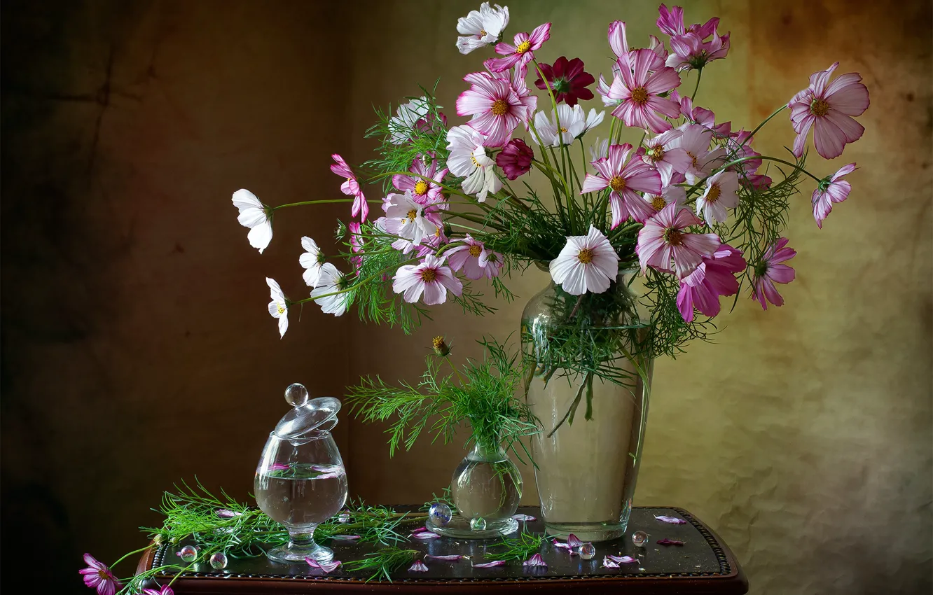Photo wallpaper flowers, glass, petals, vase, table, cosmos