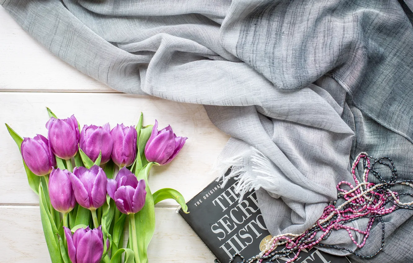 Photo wallpaper necklace, tulips, book, shawl