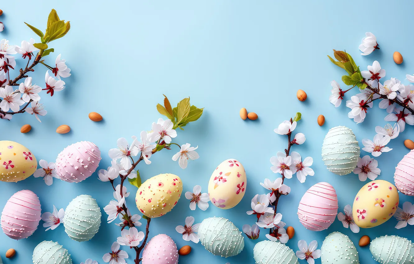 Photo wallpaper flowers, eggs, spring, colorful, Easter, flowers, spring, Easter