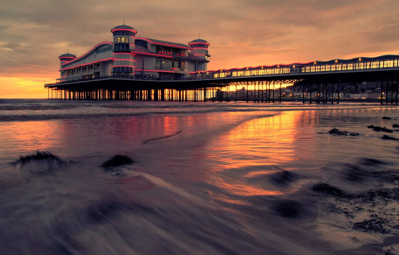 Photo wallpaper sea, lights, shore, England, the evening, pierce, Weston-super-Mare, Somerset