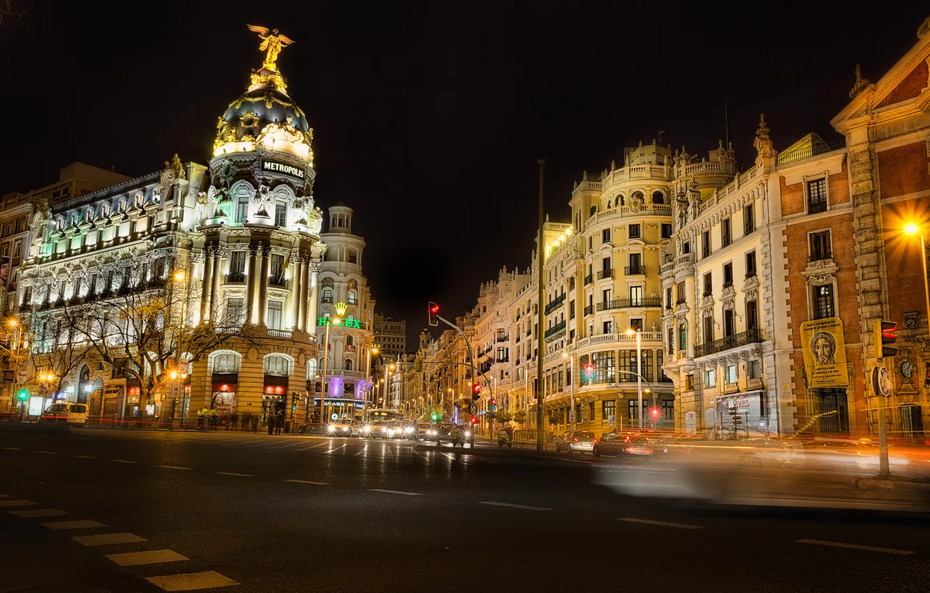 Photo wallpaper night, lights, street, home, crossroads, Spain, Madrid, Madrid