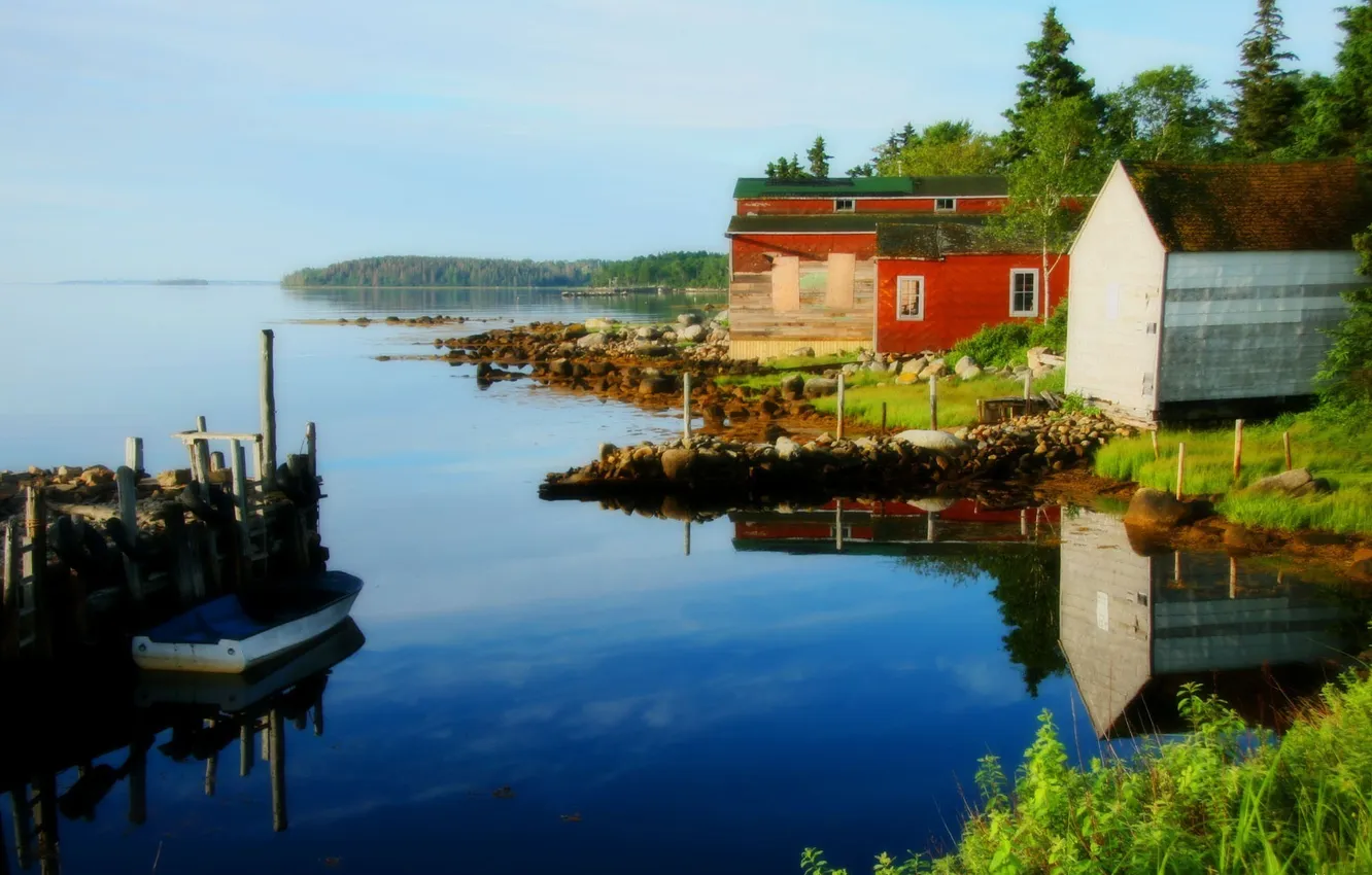 Photo wallpaper forest, trees, landscape, stones, shore, boat, Marina, pierce