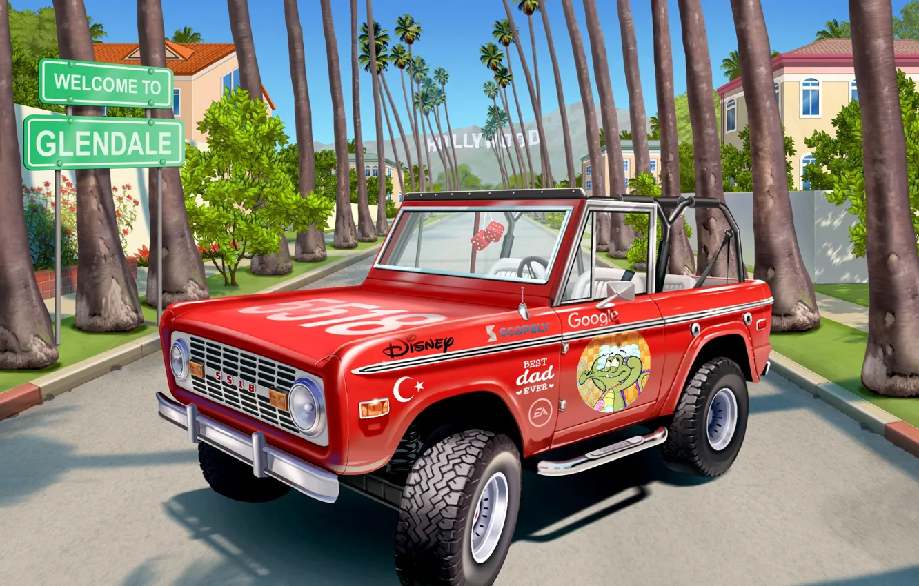 Photo wallpaper road, palm trees, car, bonuscar the finish