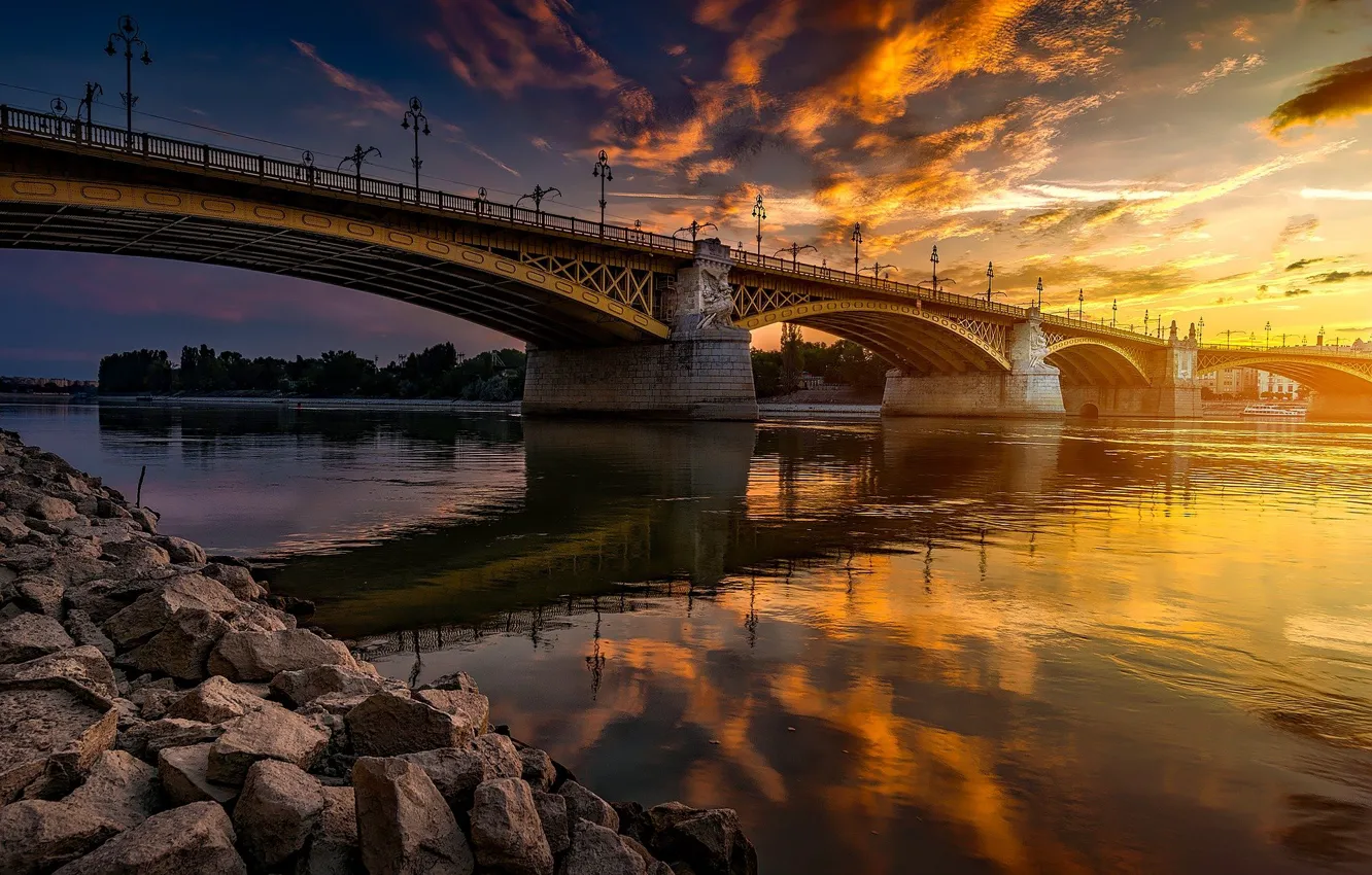 Photo wallpaper sunset, bridge, reflection, river, stones, Hungary, Budapest