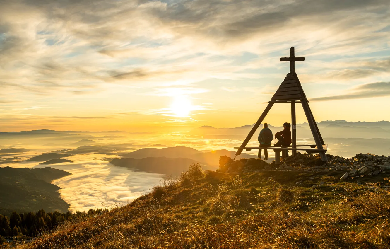 Photo wallpaper clouds, mountains, dawn, people, morning, two, Carinthia, Carinthia