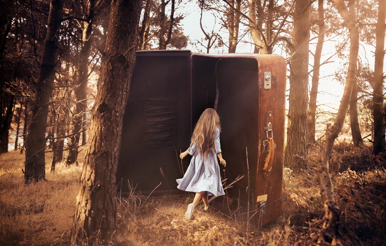 Photo wallpaper forest, girl, suitcase