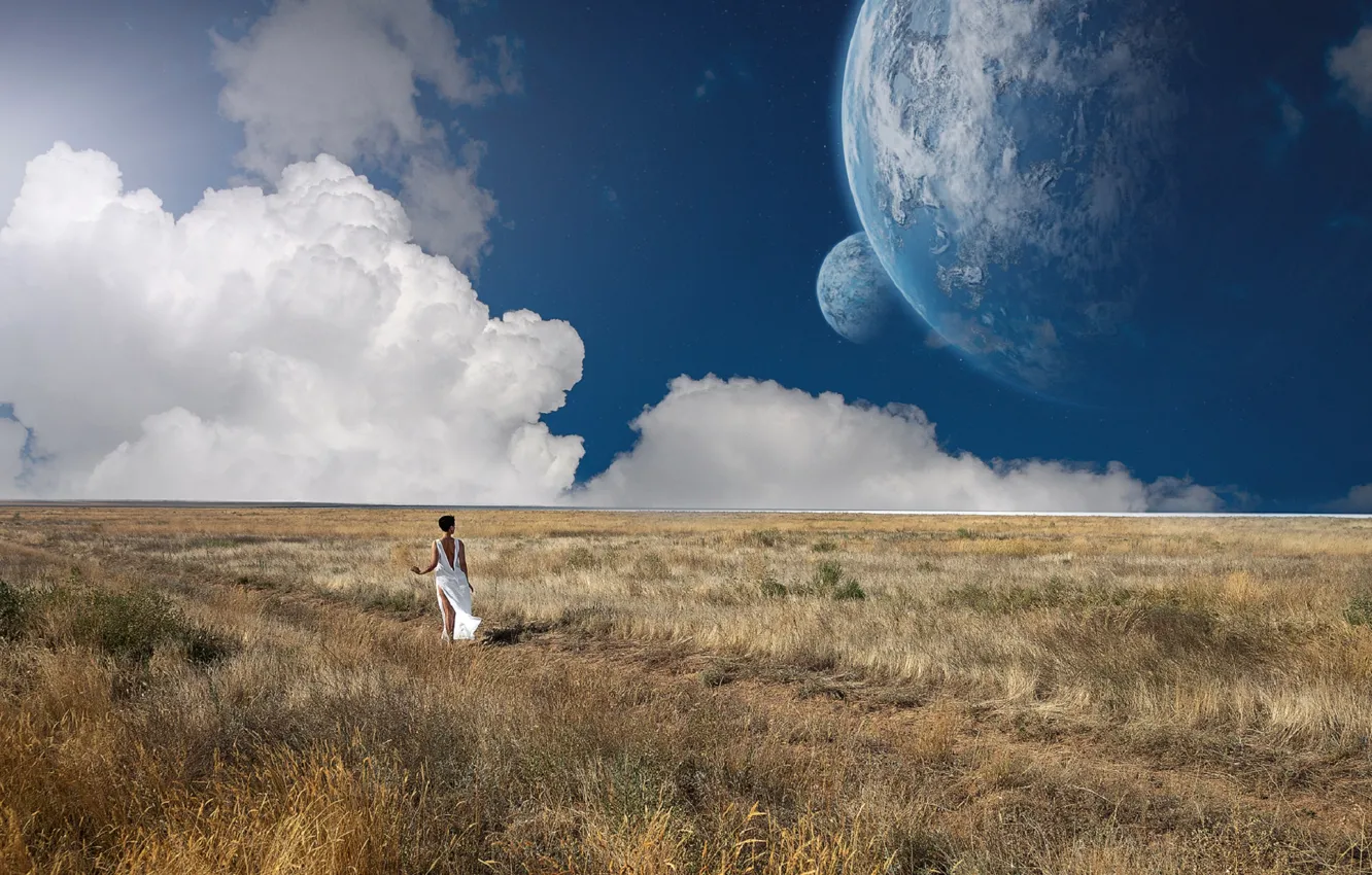 Photo wallpaper field, the sky, girl, the moon