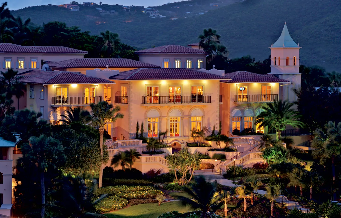 Photo wallpaper city, evening, houses, church, U.S. Virgin Islands