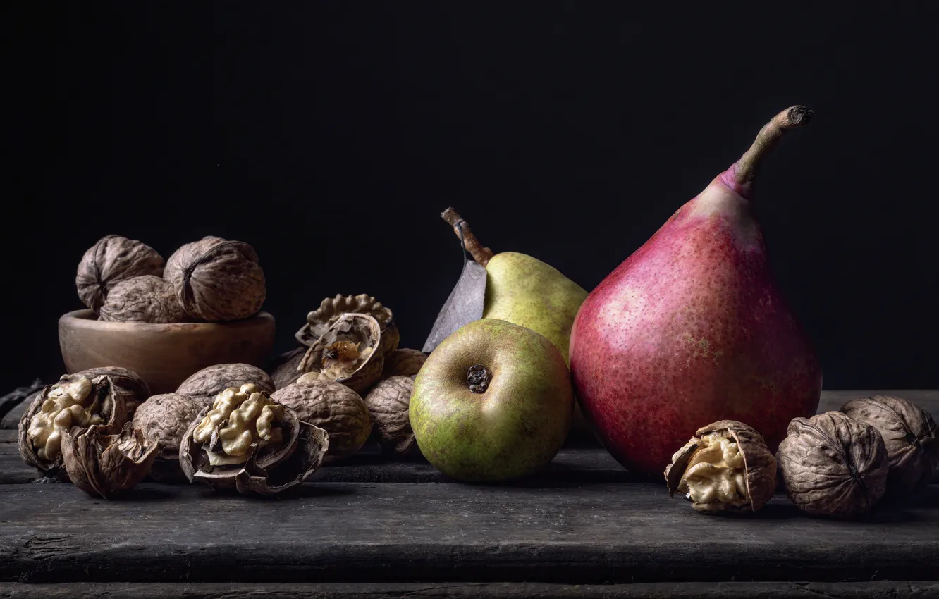 Photo wallpaper the dark background, Board, Crushed, fruit, nuts, still life, pear, walnut