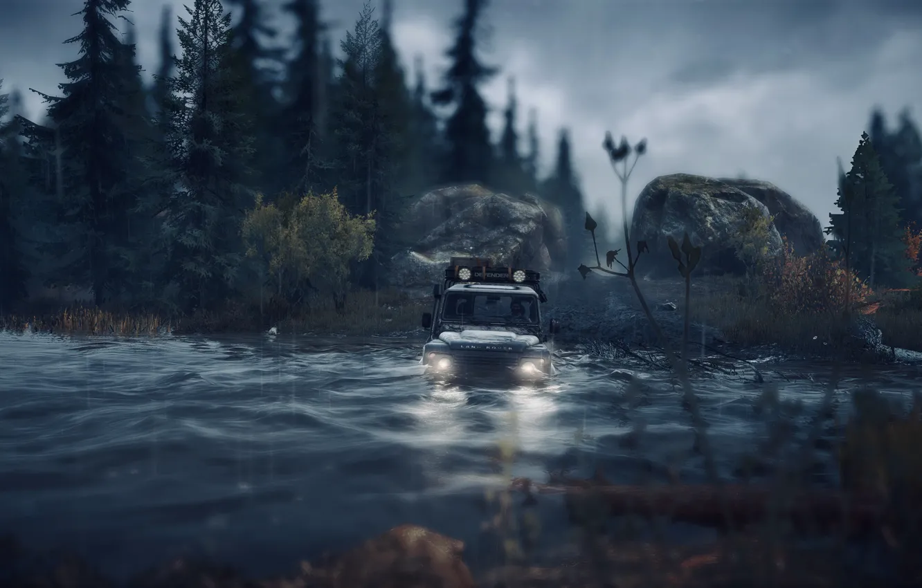 Photo wallpaper HDR, light, Land Rover, game, river, rain, trees, wood
