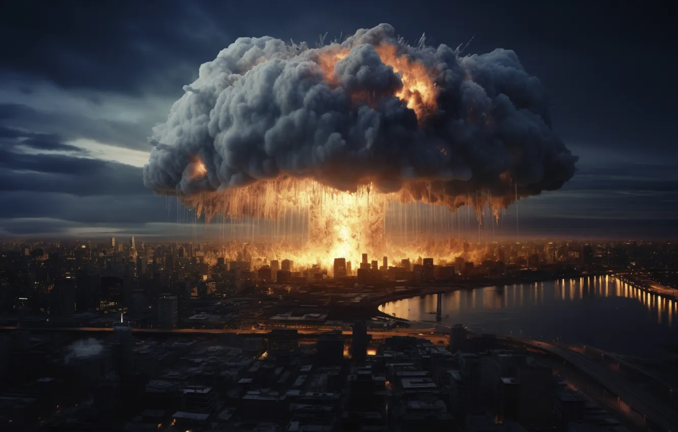 Photo wallpaper clouds, the explosion, the city, mushrooms, the evening, destruction, a nuclear explosion, digital art