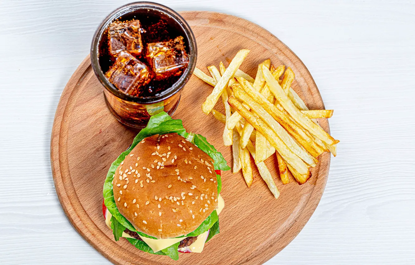 Photo wallpaper Board, hamburger, Cola, French fries, eld