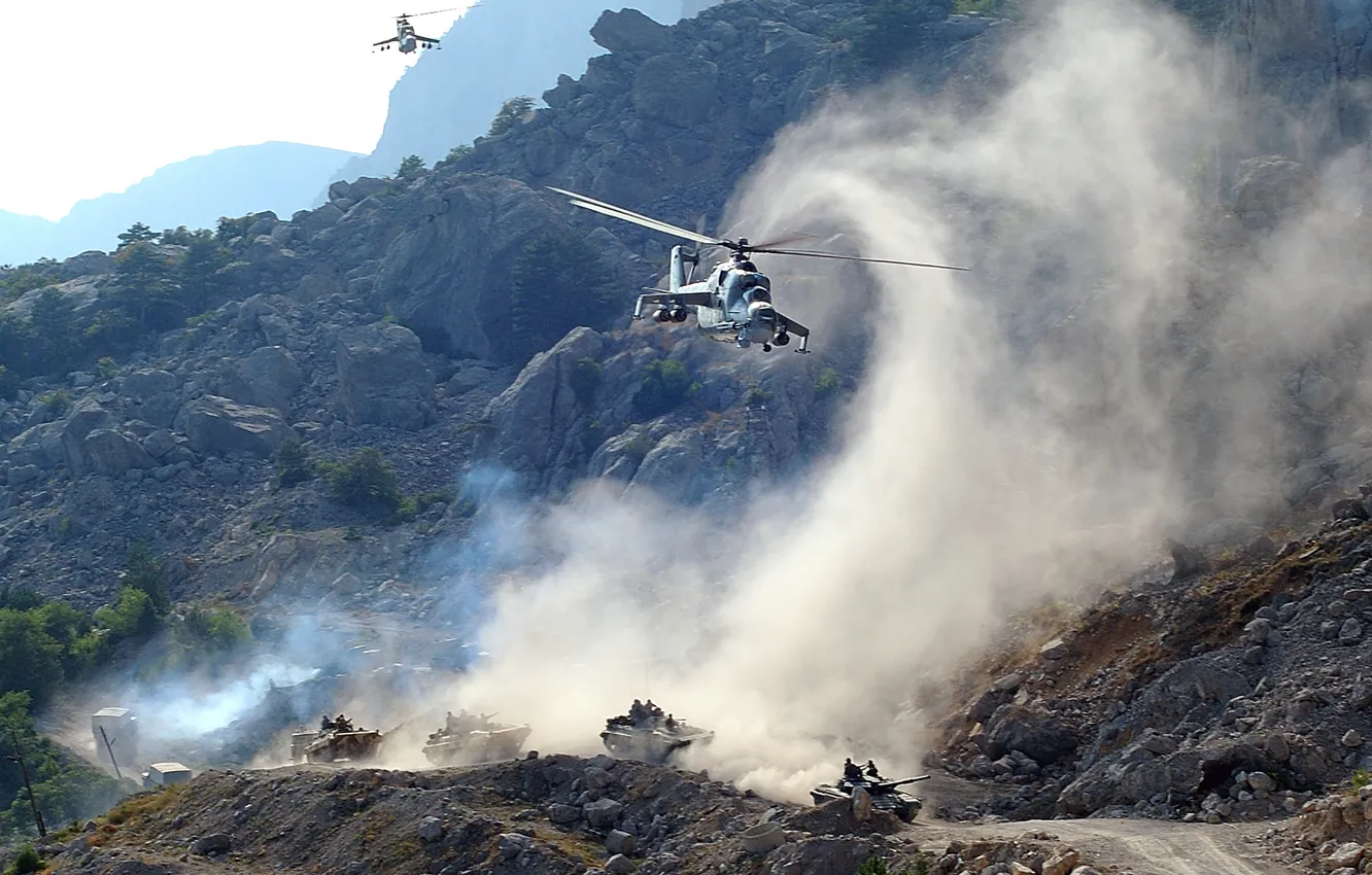 Photo wallpaper road, mountains, machine, smoke, helicopters, dust, tank, support