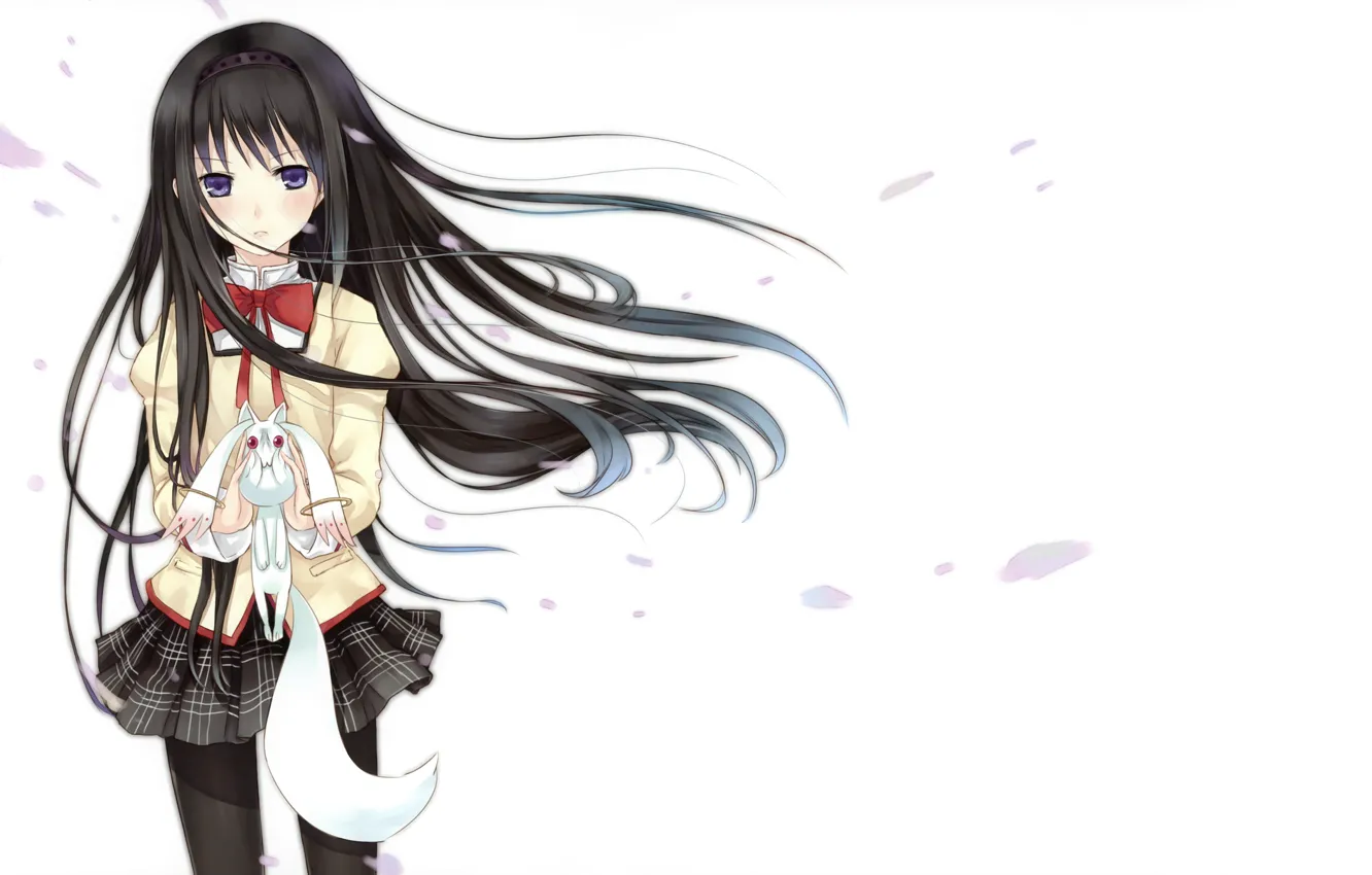 Photo wallpaper girl, skirt, anime, petals, white background, long hair, violet eyes, Homura Akemi