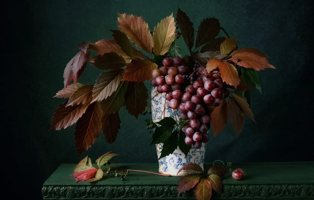 Photo wallpaper leaves, table, bouquet, grapes, vase, still life