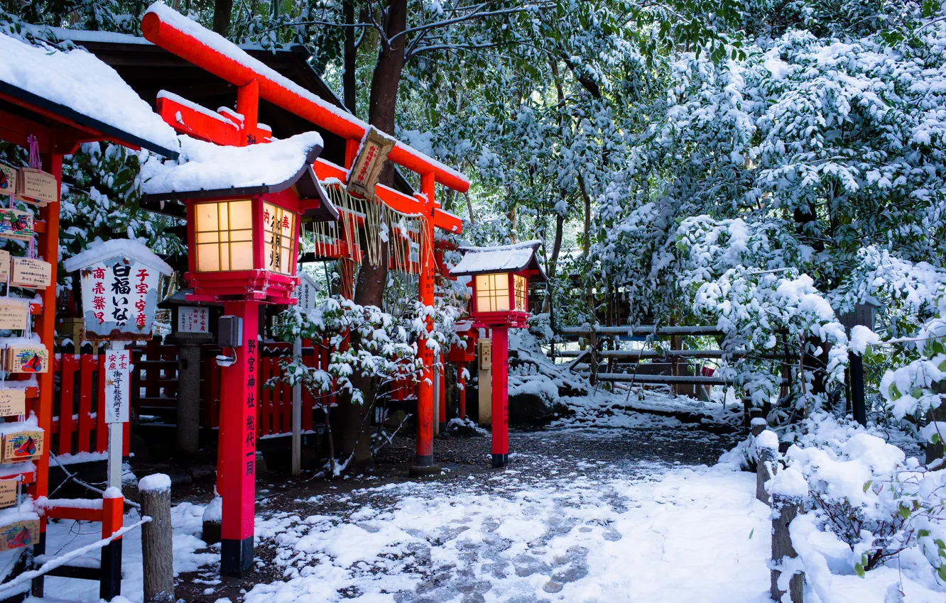 Photo wallpaper winter, snow, Japan, lights, temple, Japan, the gates, Kyoto