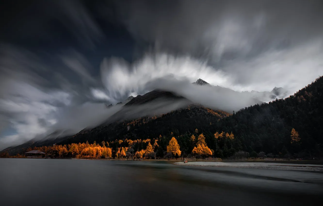 Photo wallpaper autumn, forest, the sky, clouds, mountains, clouds, fog, lake
