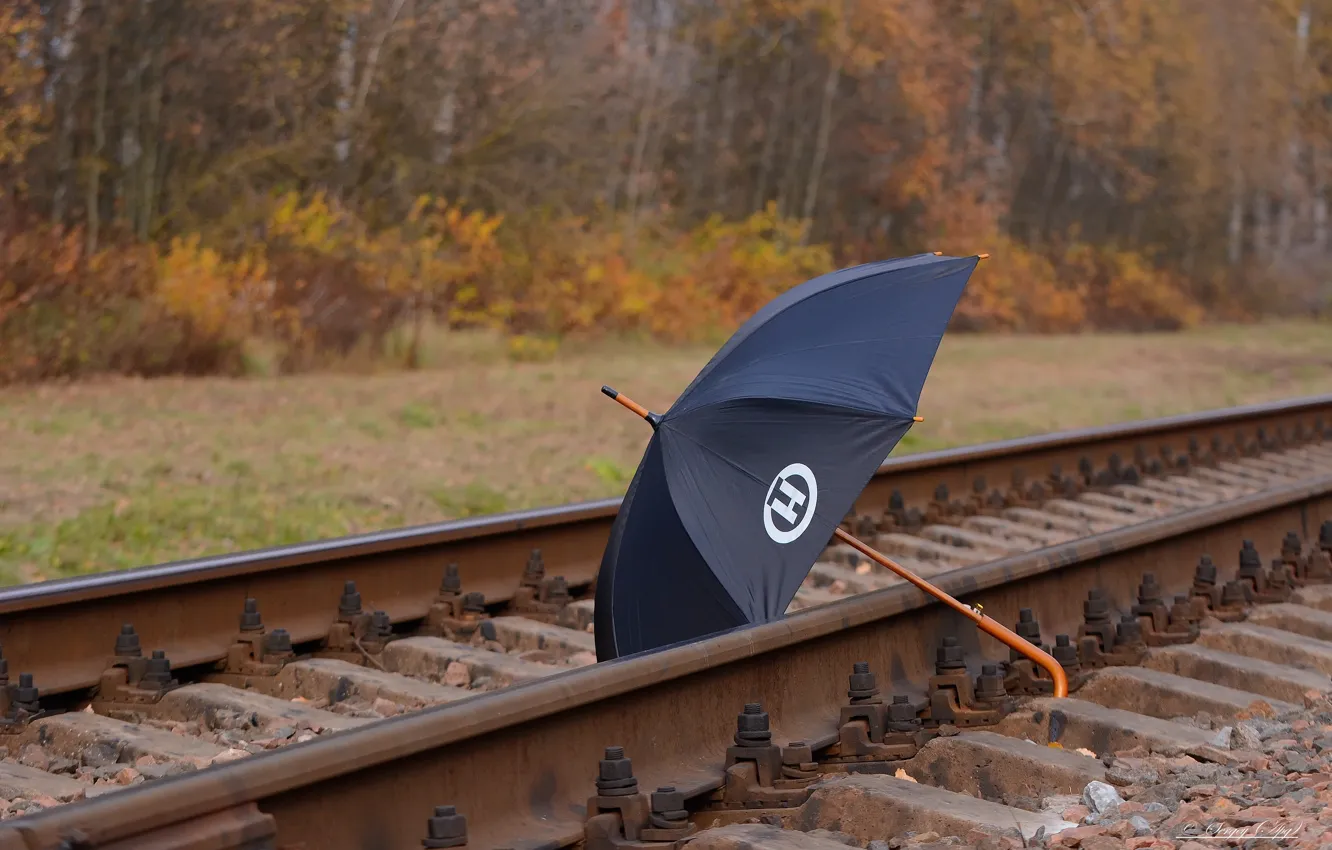 Photo wallpaper autumn, nature, umbrella, railroad