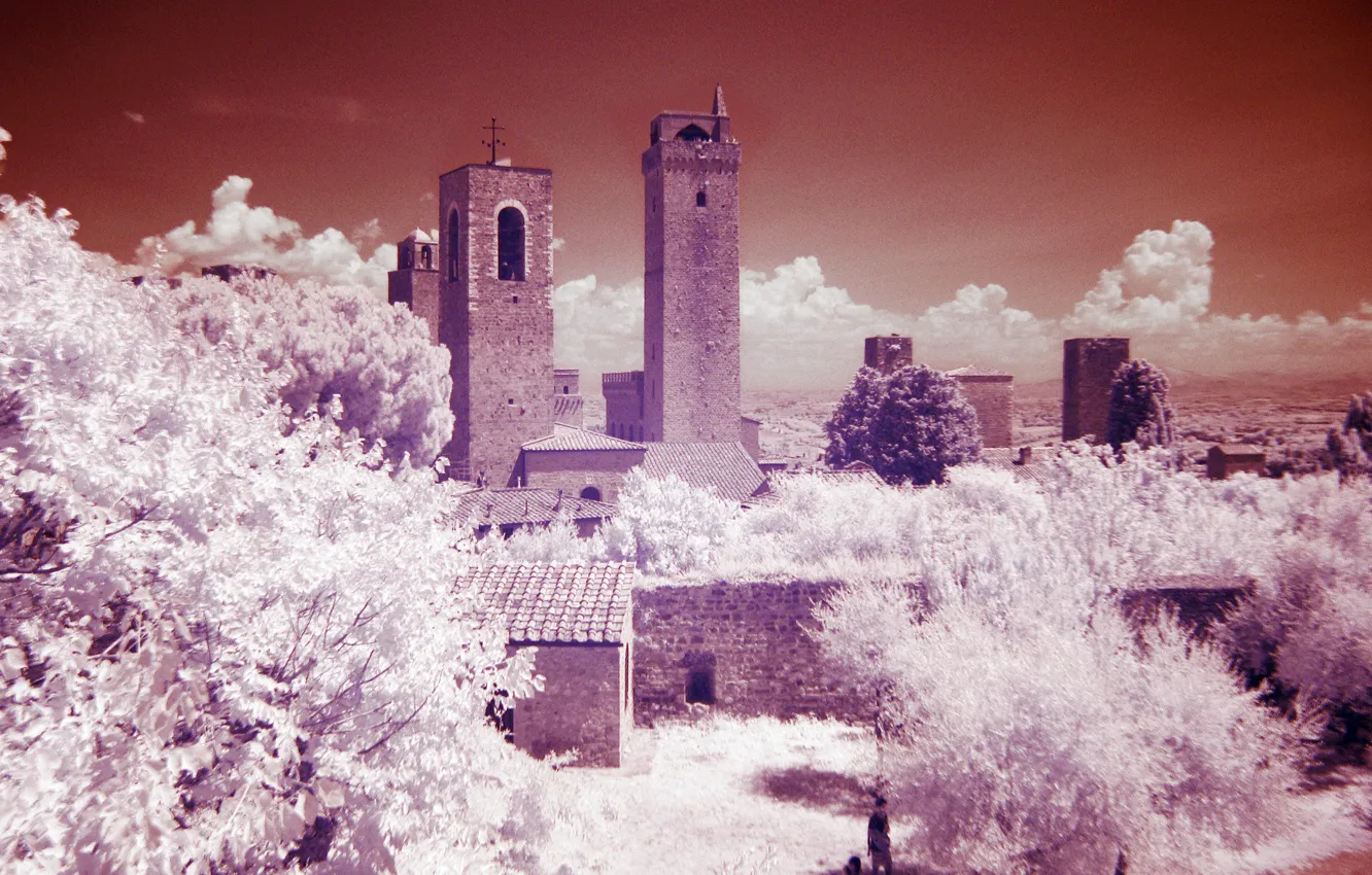 Photo wallpaper trees, tower, Italy, Tuscany, San Gimignano, infrared the