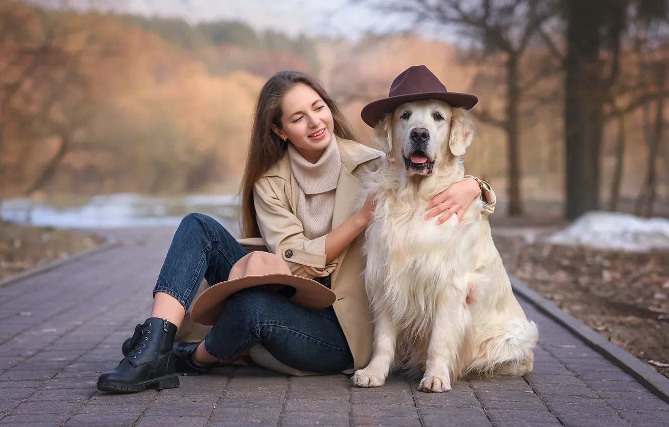Photo wallpaper girl, animal, dog, hat, brown hair, dog, Retriever, Victoria Dubrovskaya