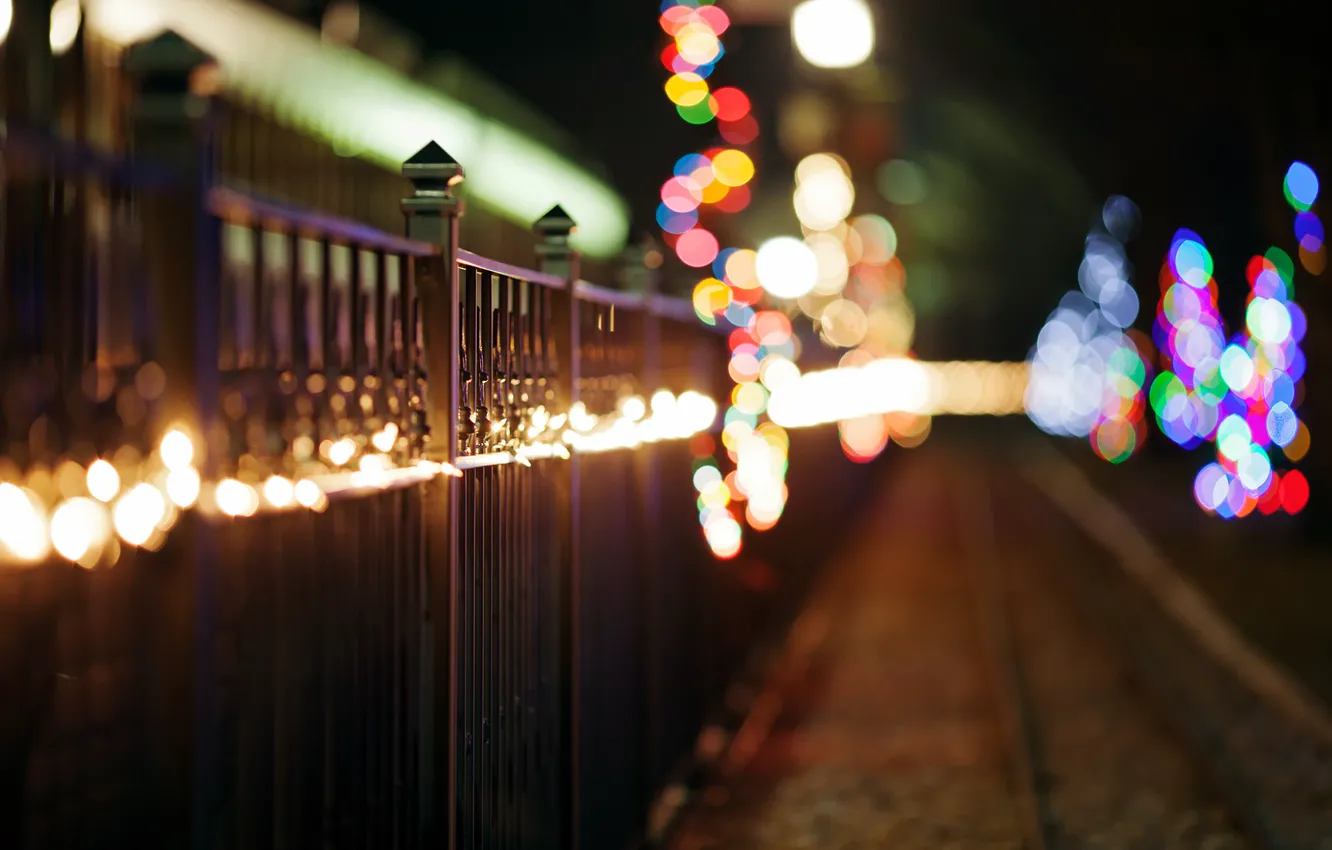 Photo wallpaper winter, road, lights, the fence, fence, rods, garland, colorful