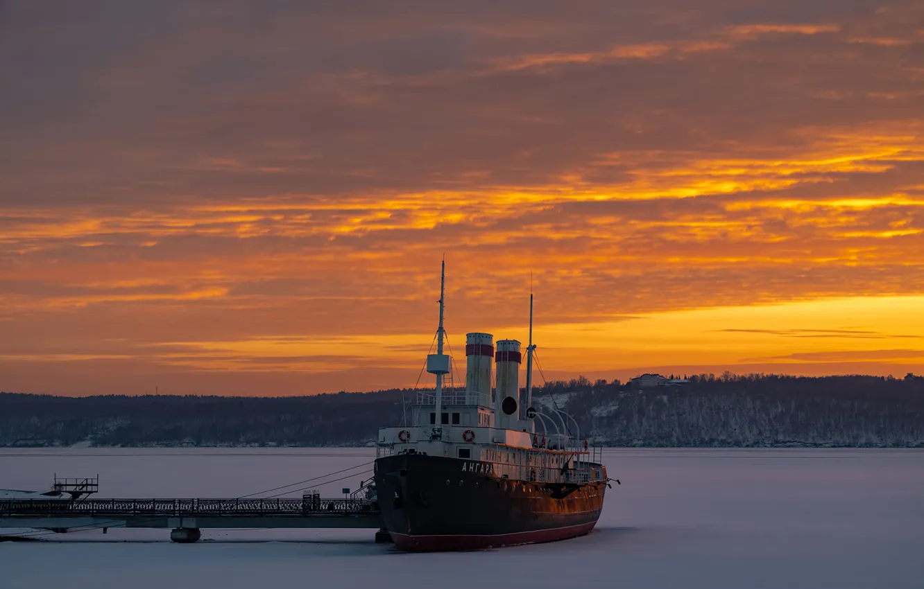 Photo wallpaper sea, sunset, boat, color