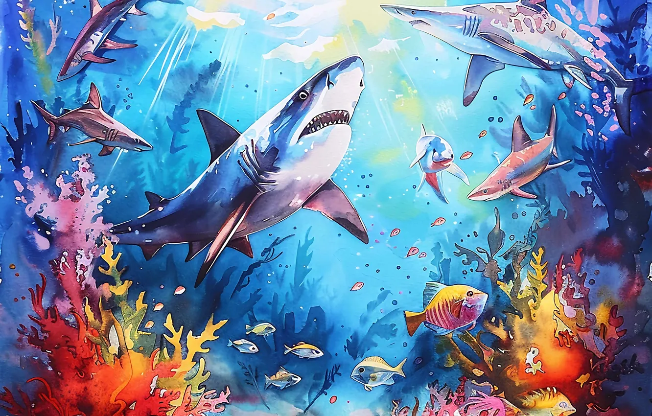 Photo wallpaper algae, fish, predator, shark, corals, underwater world, digital art, imitation painting