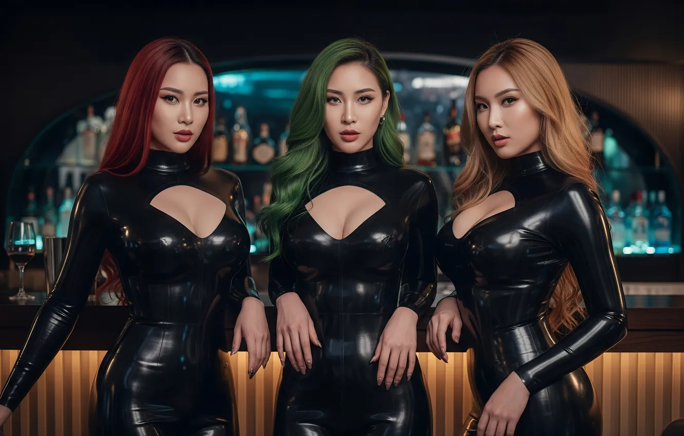 Photo wallpaper cleavage, redhead, blonde, asian, green hair, latex, alcohol, bars
