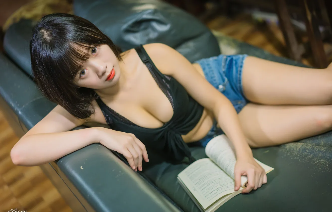 Photo wallpaper look, pose, model, brunette, neckline, book, Asian, beauty