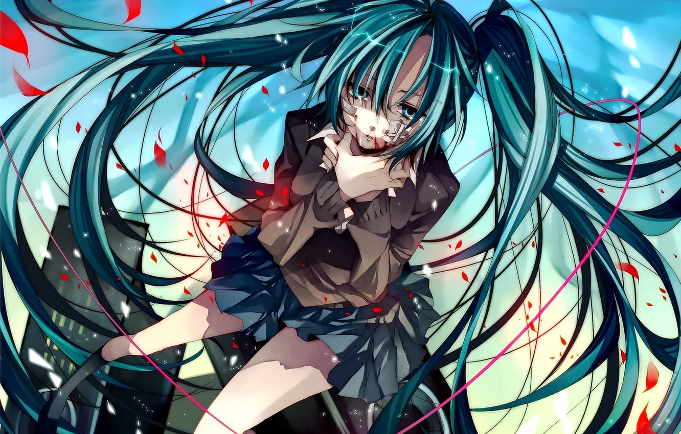 Photo wallpaper girl, blood, petals, art, form, vocaloid, hatsune miku, Vocaloid