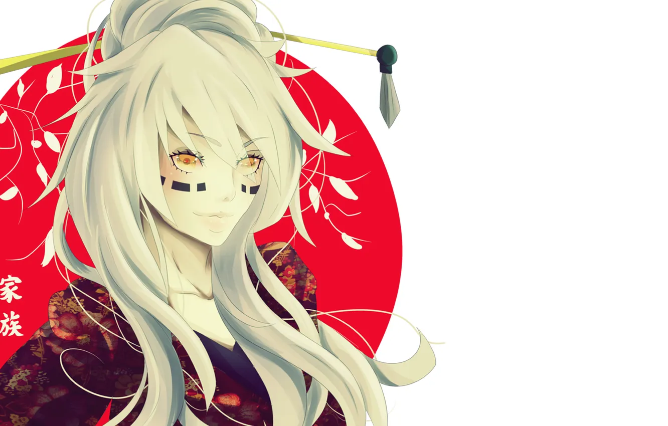 Photo wallpaper branches, smile, Girl, blonde, characters, label, yellow eyes, the red disc
