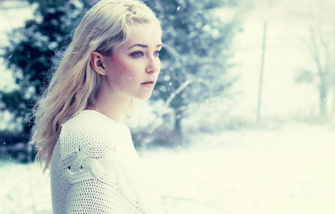 Photo wallpaper winter, look, girl, snow, blonde, blue-eyed