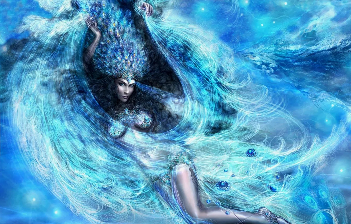Photo wallpaper look, fantasy, feathers, blue, tone
