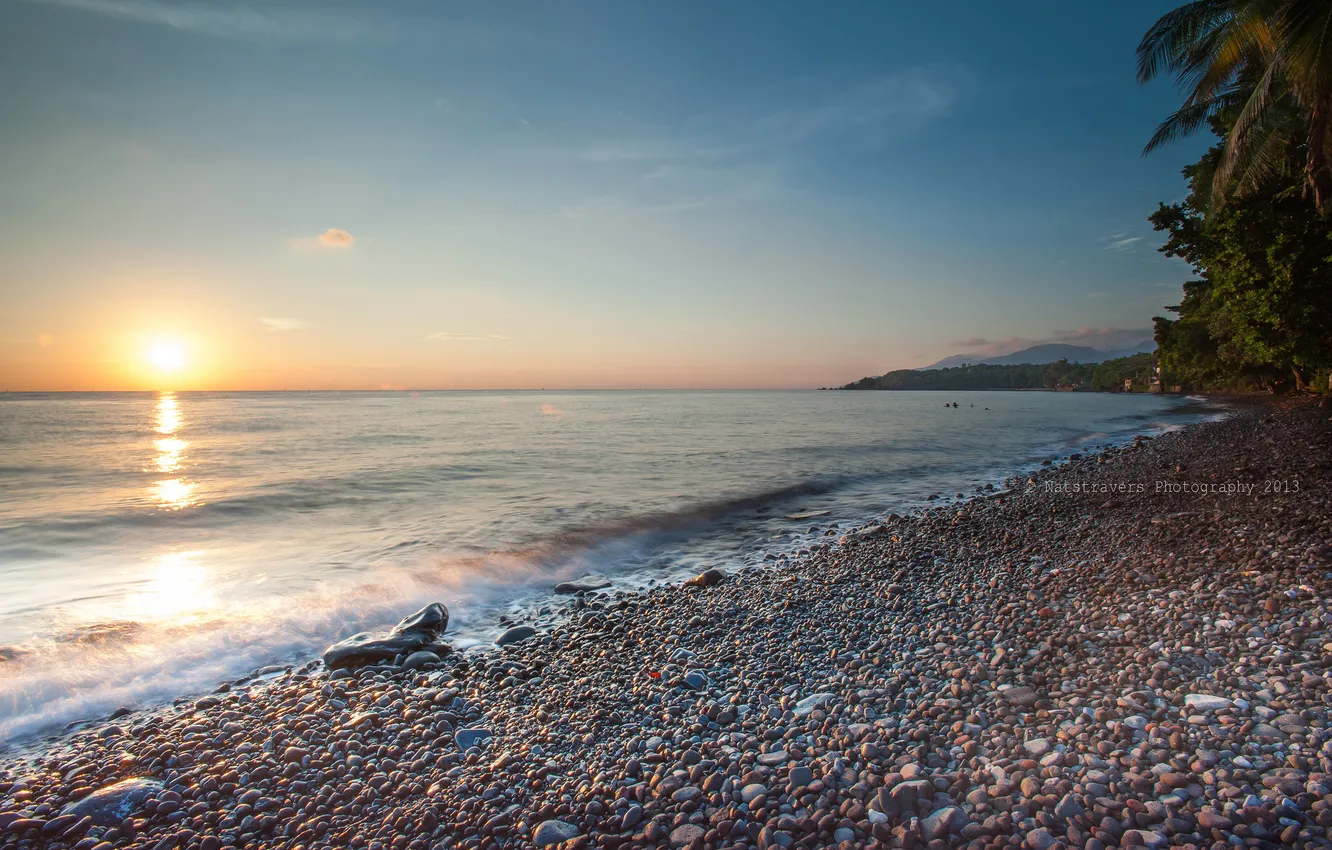 Photo wallpaper beach, pebbles, dawn, coast