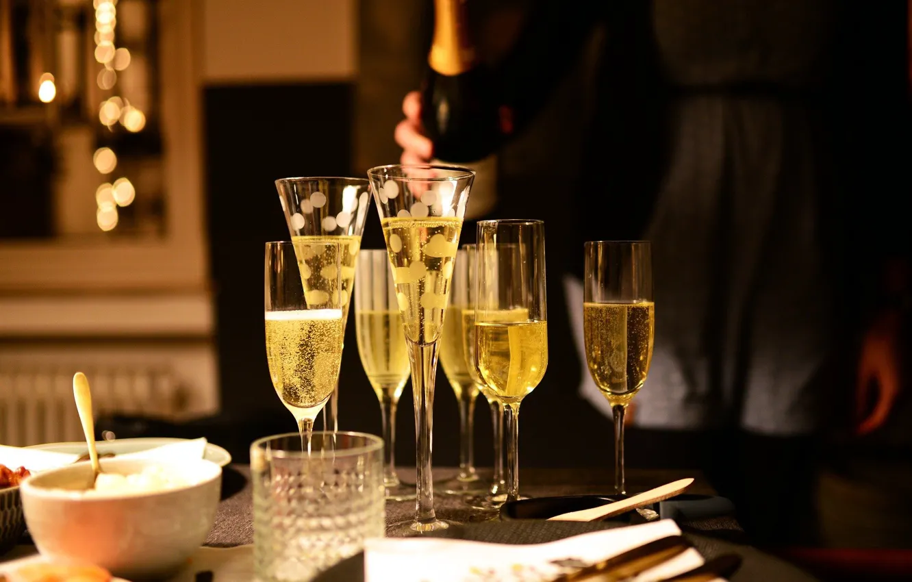 Photo wallpaper glass, champagne, bokeh
