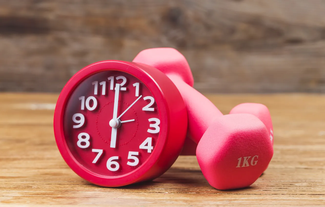 Photo wallpaper sport, alarm clock, dumbbells