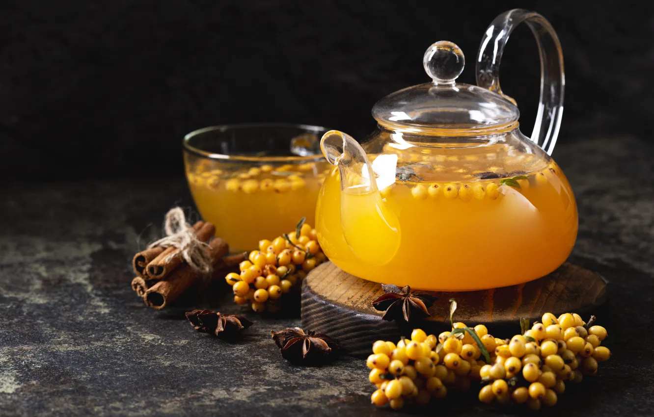Photo wallpaper glass, berries, the dark background, table, tea, kettle, the tea party, Cup