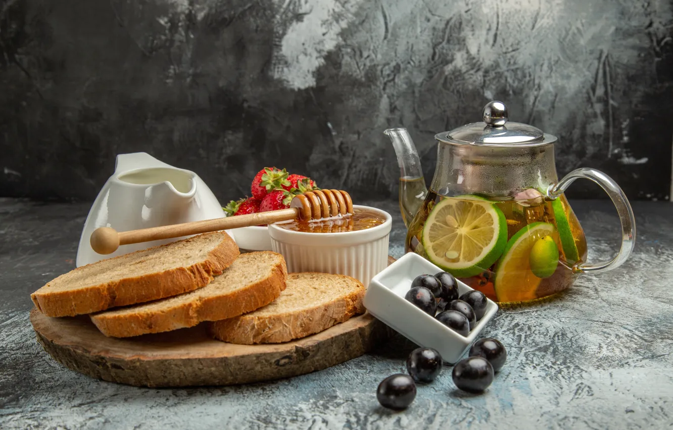 Photo wallpaper berries, table, lemon, tea, kettle, strawberry, honey, bread