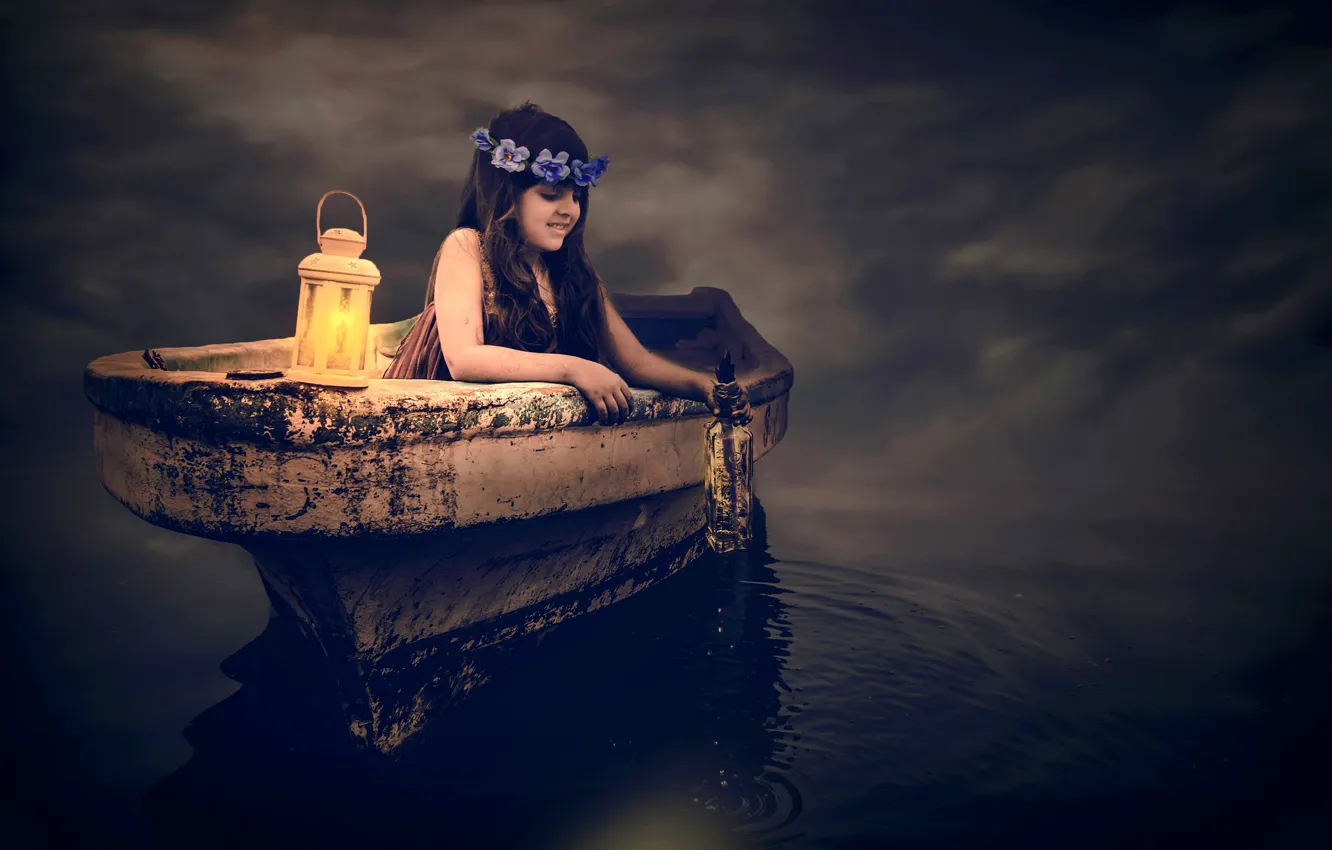 Photo wallpaper water, mood, boat, bottle, the situation, girl, lantern, wreath