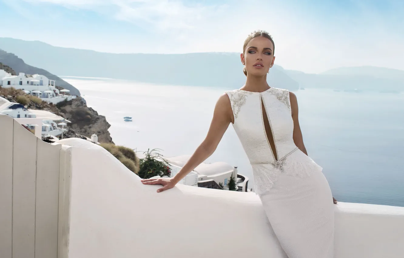 Photo wallpaper sea, girl, view, Santorini, white dress