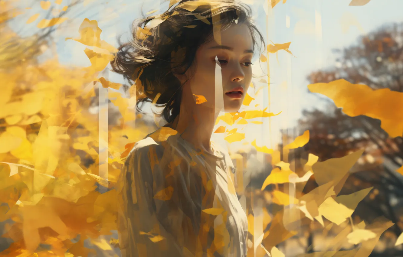 Photo wallpaper autumn, look, leaves, girl, trees, face, digital art, AI art