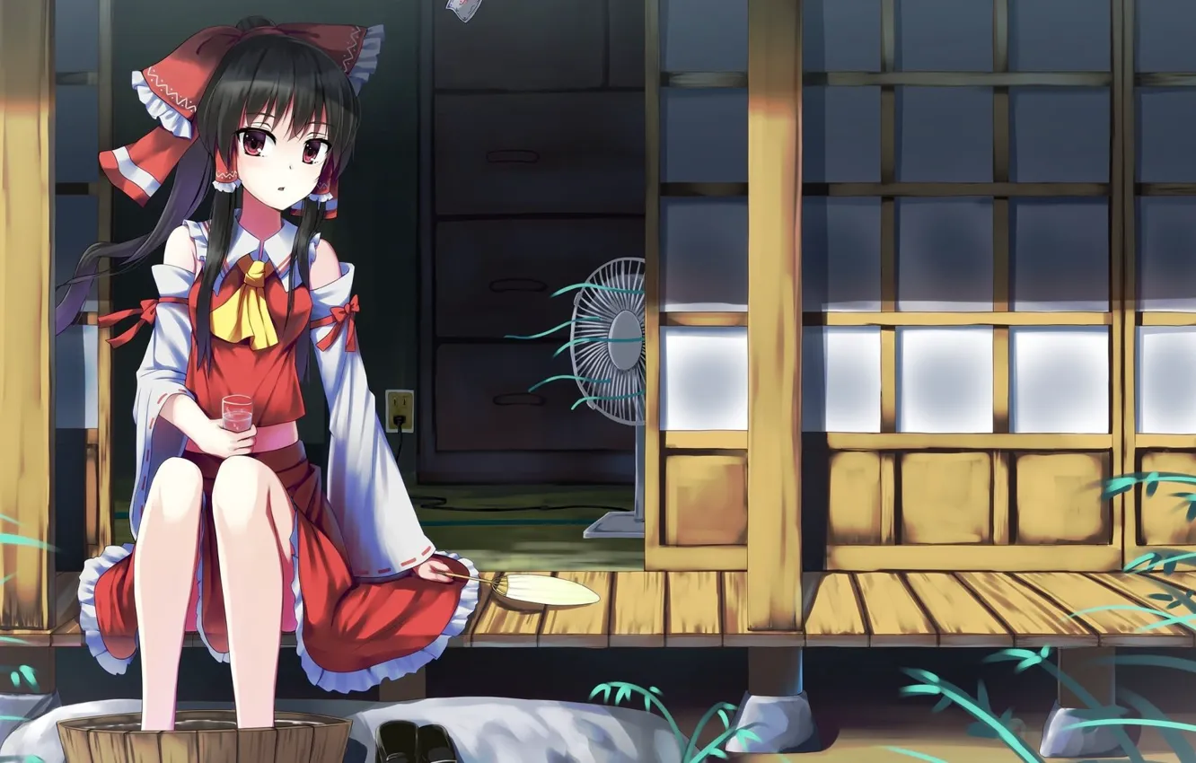 Photo wallpaper girl, anime, brunette, Touhou, fan, tub, miko, Hakurei Reimu