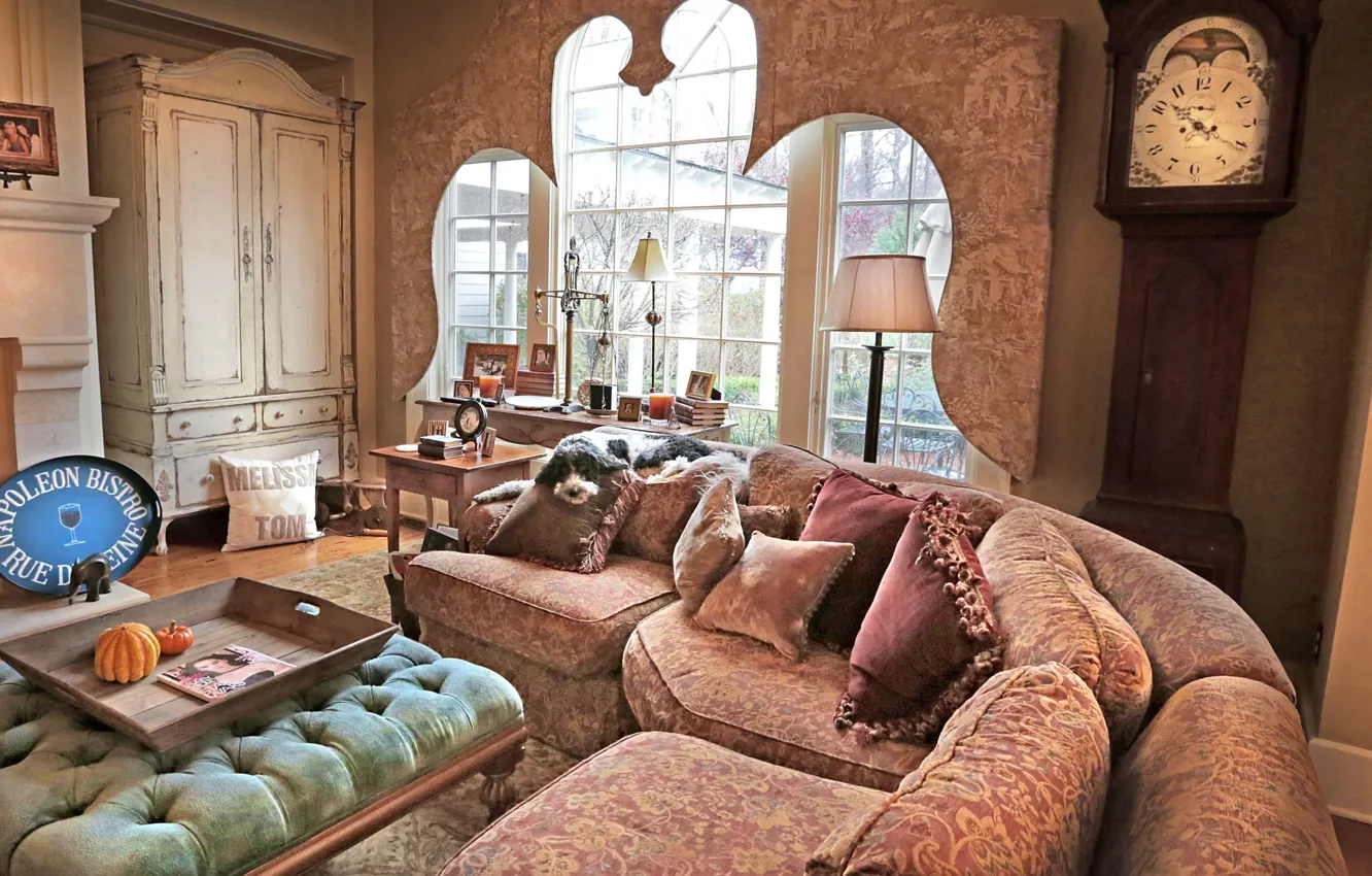 Photo wallpaper design, sofa, interior, fireplace, living room, Provence style